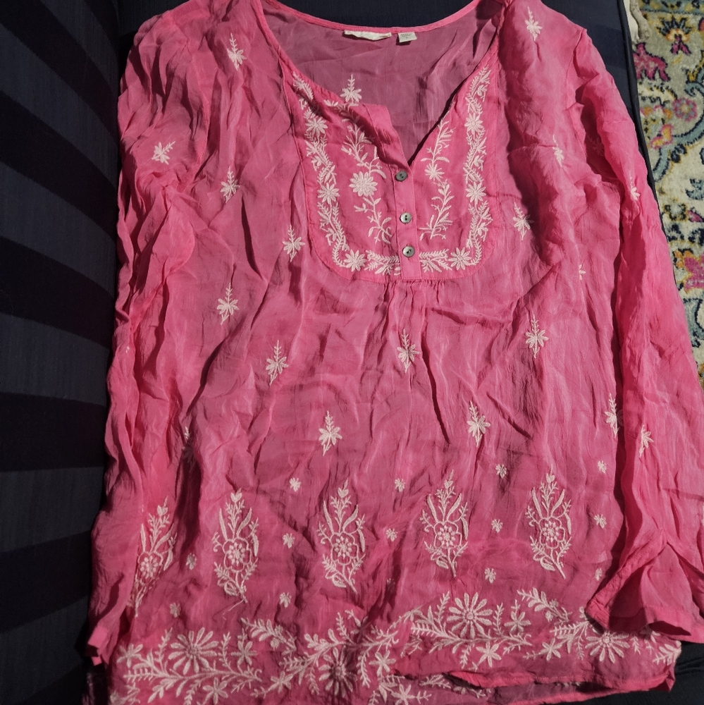 J Jill Pink Embroidered long sleeve Top Large
